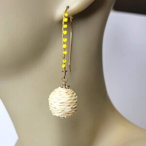 Yellow and Raffia Ball Earrings Large Hook Earrings
